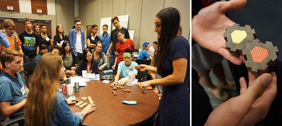 Ilana Ben-Ari and cohorts (left) explaining how to use The Empathy Toy (right)