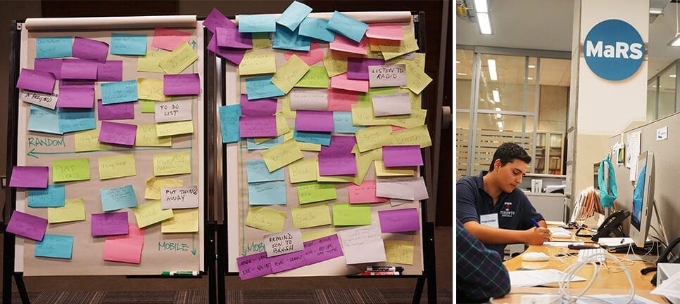 Brainstorming session (left) and student drafting value proposition (right)