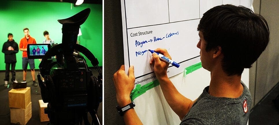 Senior cohort group filming video (left) and student drafting business model (right)