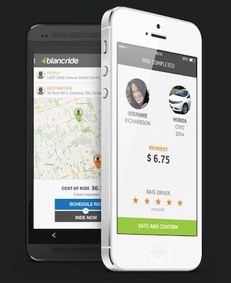 Example of BlancRide mobile application showing a completed trip and the ability to rate each other. 