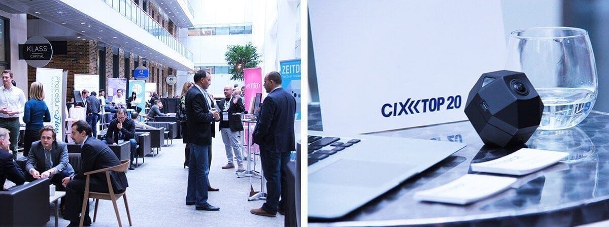 Right: Startups had the chance to mingle with investors at CIX. Left: The Zeitdice smart time-lapse camera was showcased as one of the CIX Top 20 innovations.