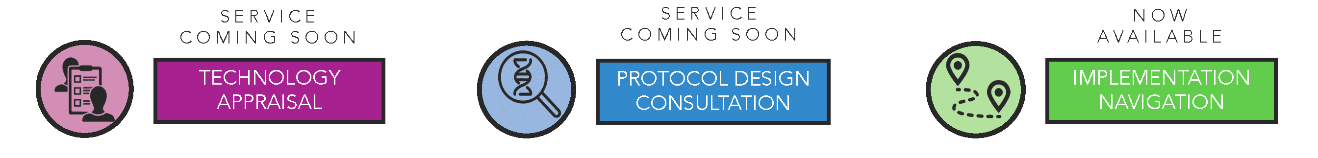 Service coming soon: Technology appraisal; Service coming soon: Protocol design consultation; Now available: Implementation navigation.